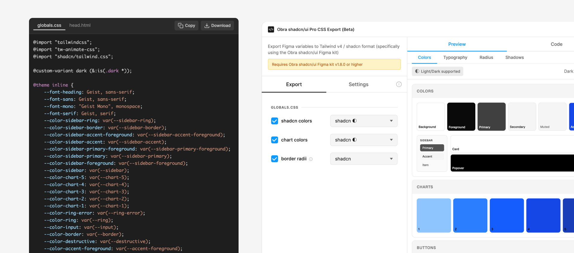 Obra shadcn/ui Pro CSS Export plugin