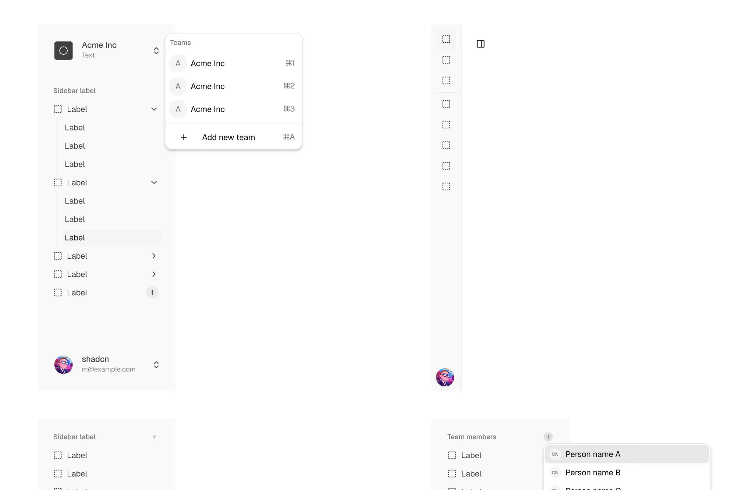Sidebar examples updated to use 2 lines alt Select for the company switch and a Dropdown Menu with Avatar for the user area