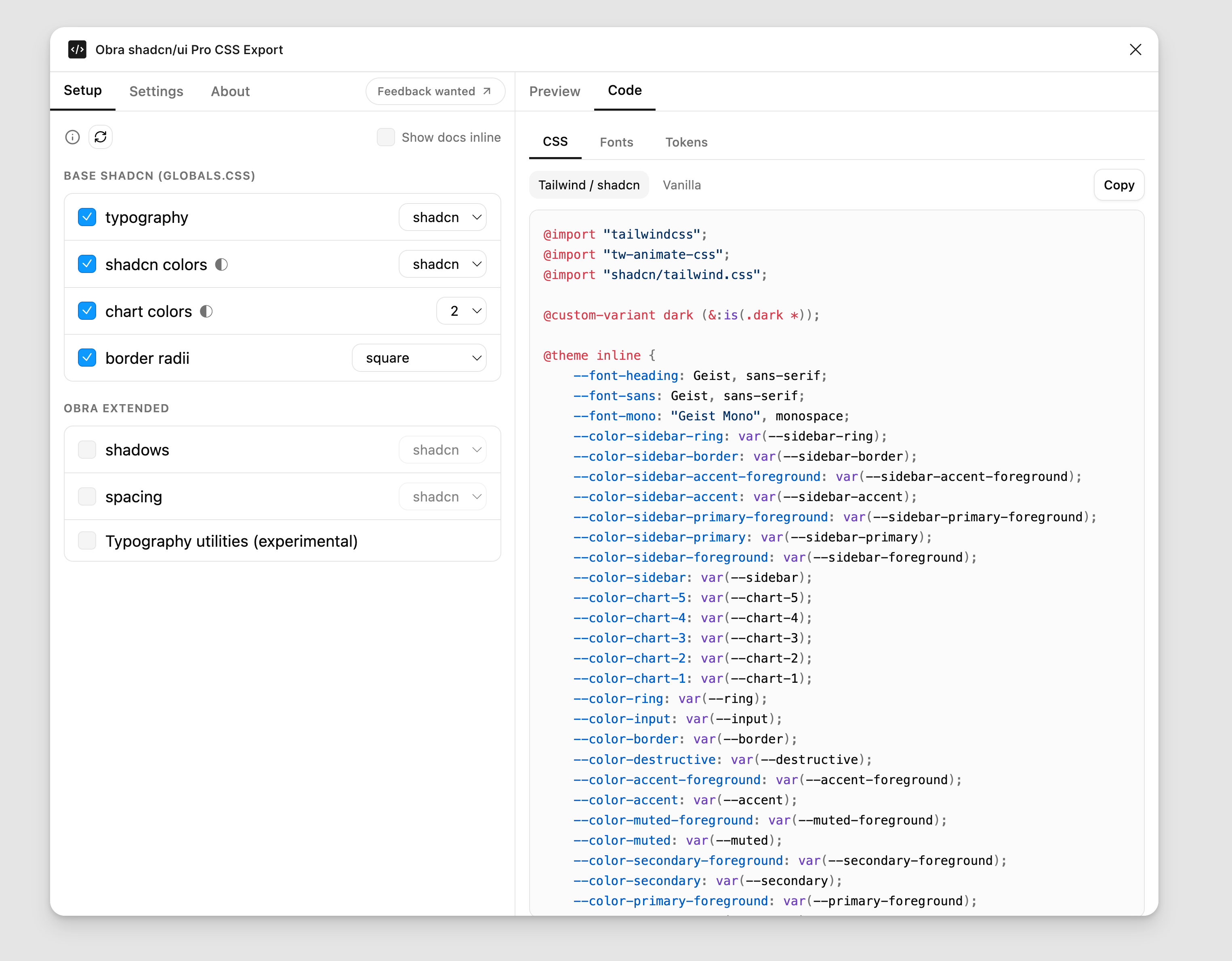 CSS Export plugin — Code tab