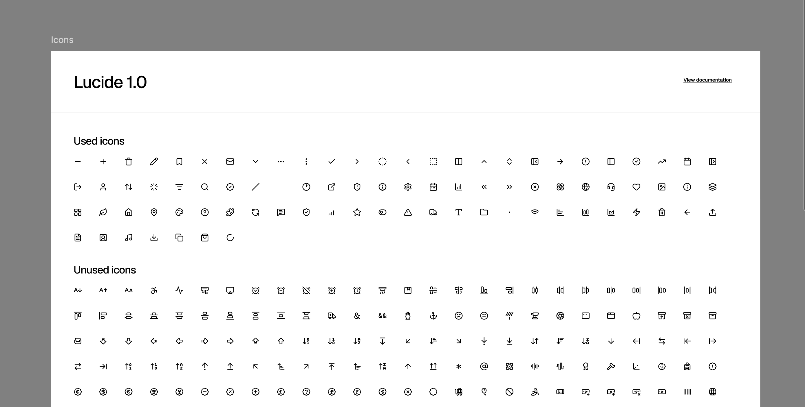 Lucide 1.0 icons split into Used icons and Unused icons sections