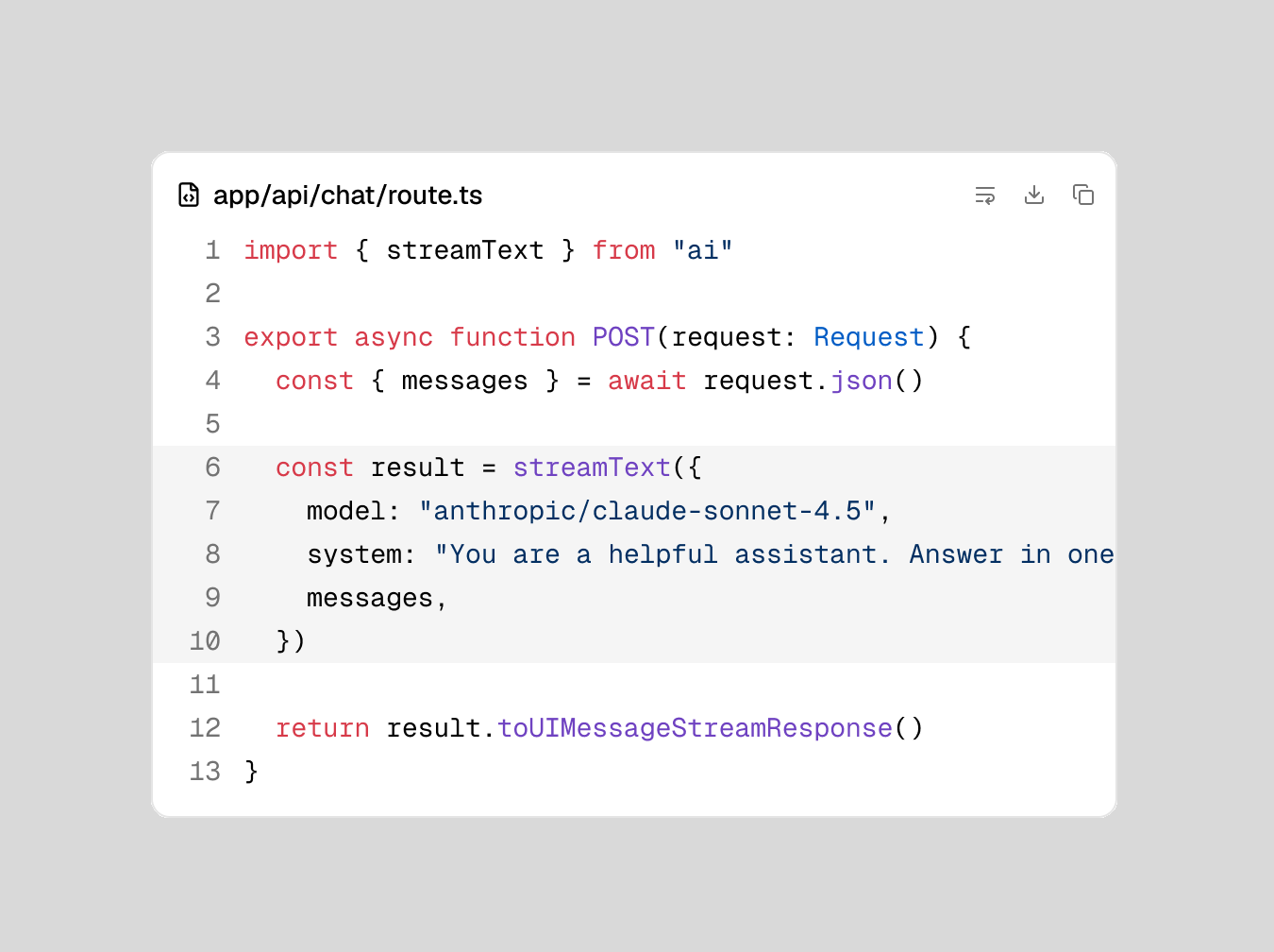 A Code Block showing app/api/chat/route.ts with line numbers, syntax highlighting and highlighted lines 6 to 10