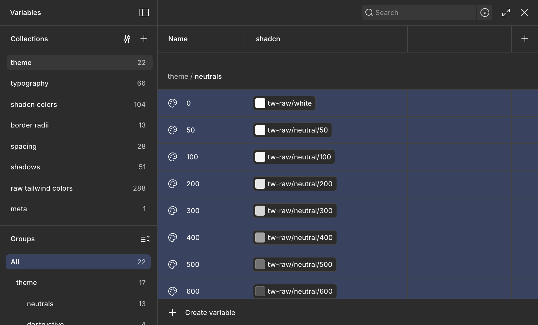 Figma's Local variables window on the theme collection: the neutrals, destructive and chart color ramps, each pointing at a Tailwind color