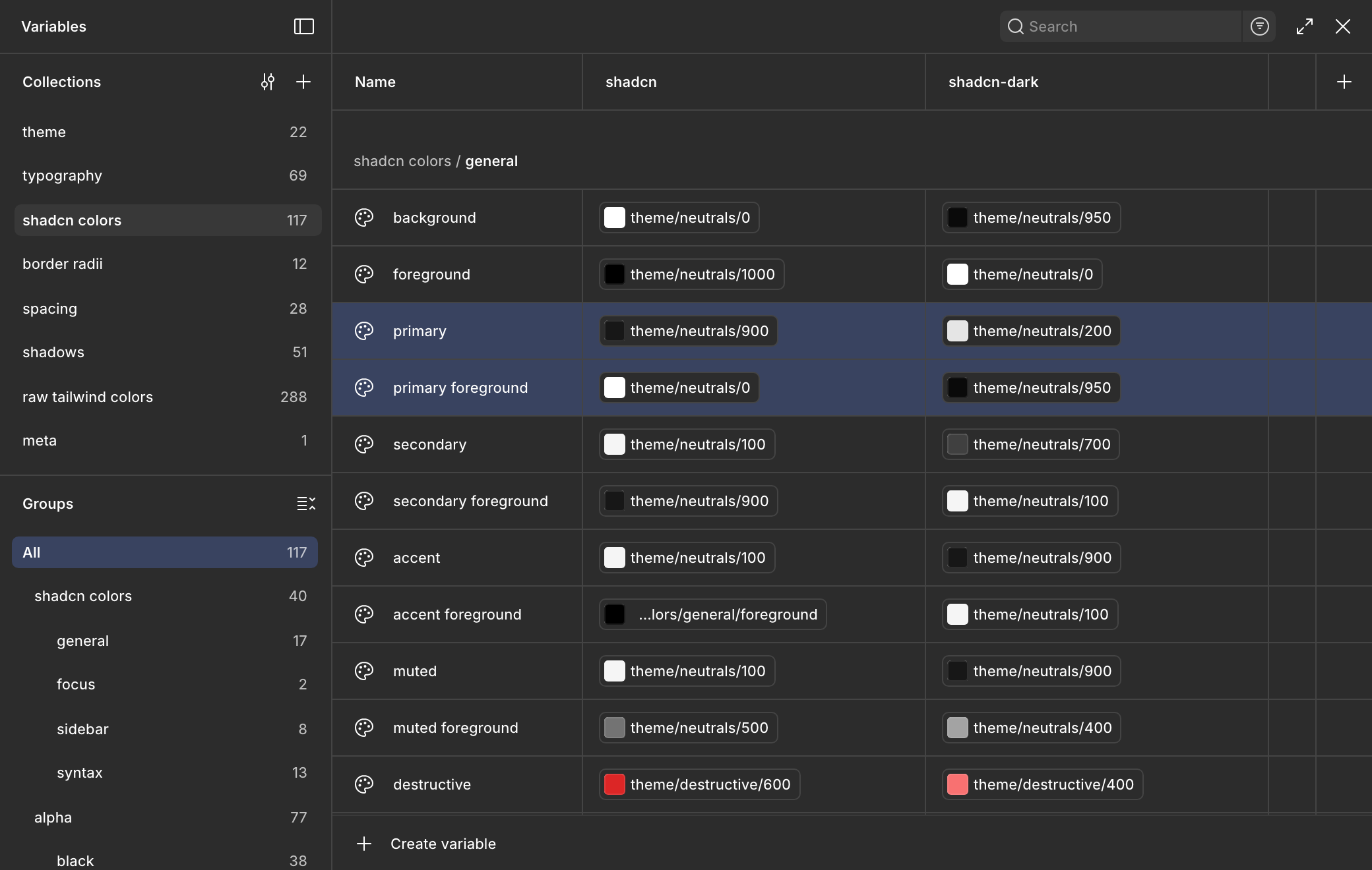 Figma's Local variables window on the shadcn colors collection: each semantic color aliases a theme color, with a light (shadcn) and a dark (shadcn-dark) mode side by side