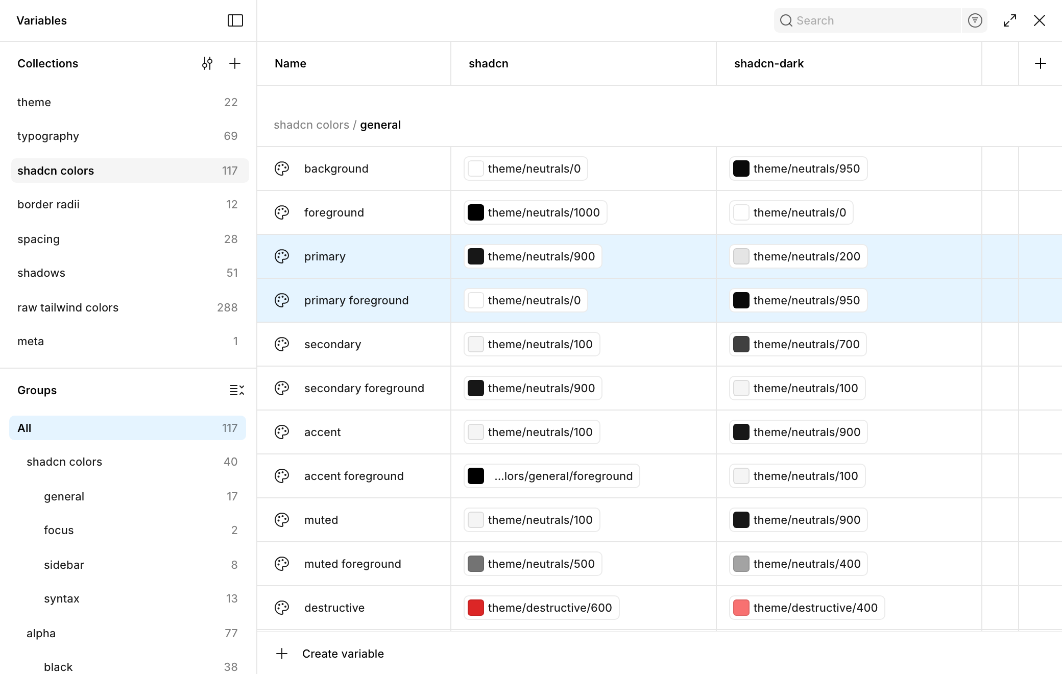 Figma's Local variables window on the shadcn colors collection: each semantic color aliases a theme color, with a light (shadcn) and a dark (shadcn-dark) mode side by side