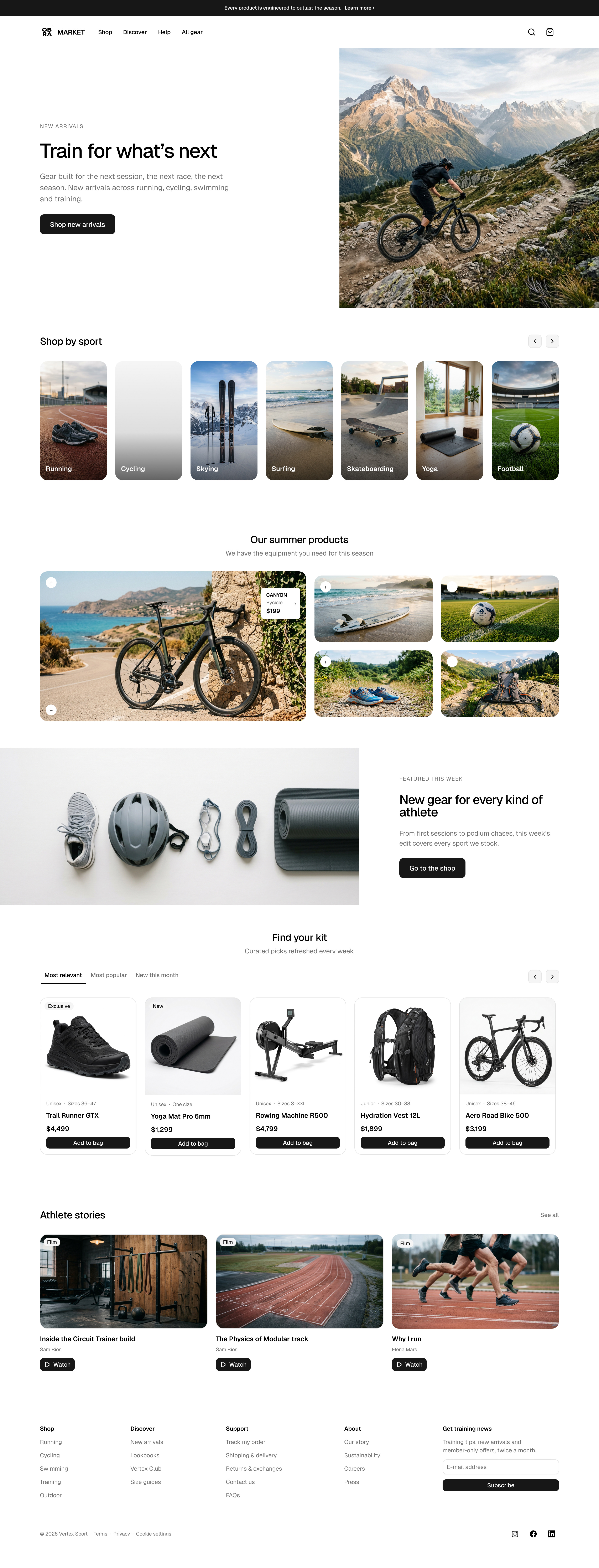 The e-commerce home Pro Block: a sports store with a hero photo and product sections